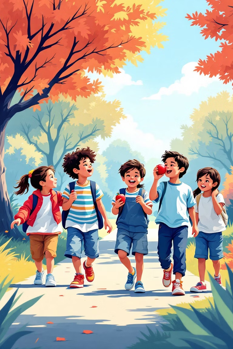 Happy children walking and running in a park